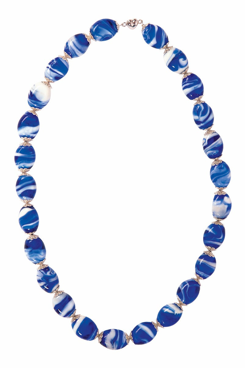Lily Ella Collection elegant blue and white striped bead necklace with ornate gold-tone separators.