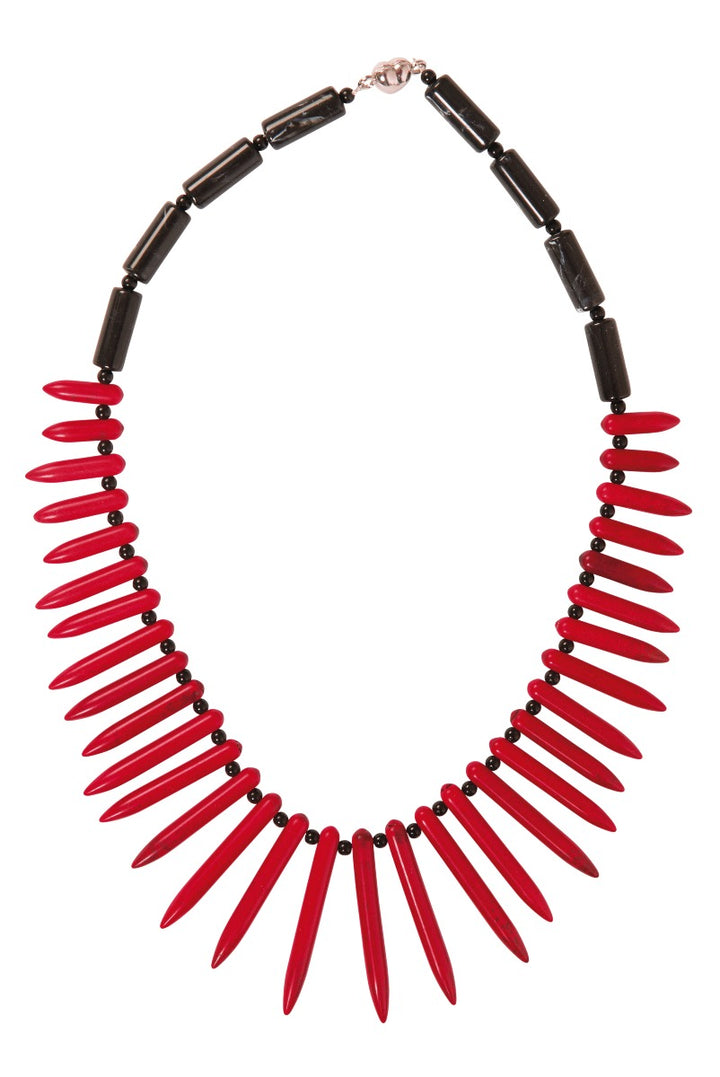 Lily Ella Collection statement necklace with red spikes and black beads, elegant jewelry piece, trendy color contrast accessory.
