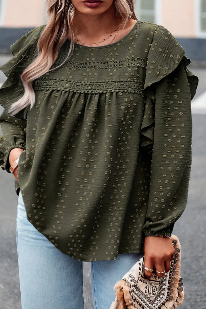 Mist Green Plus Lace Swiss Dot Ruffle Long Sleeve Top-0