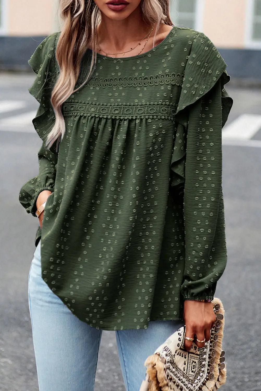 Mist Green Plus Lace Swiss Dot Ruffle Long Sleeve Top-6