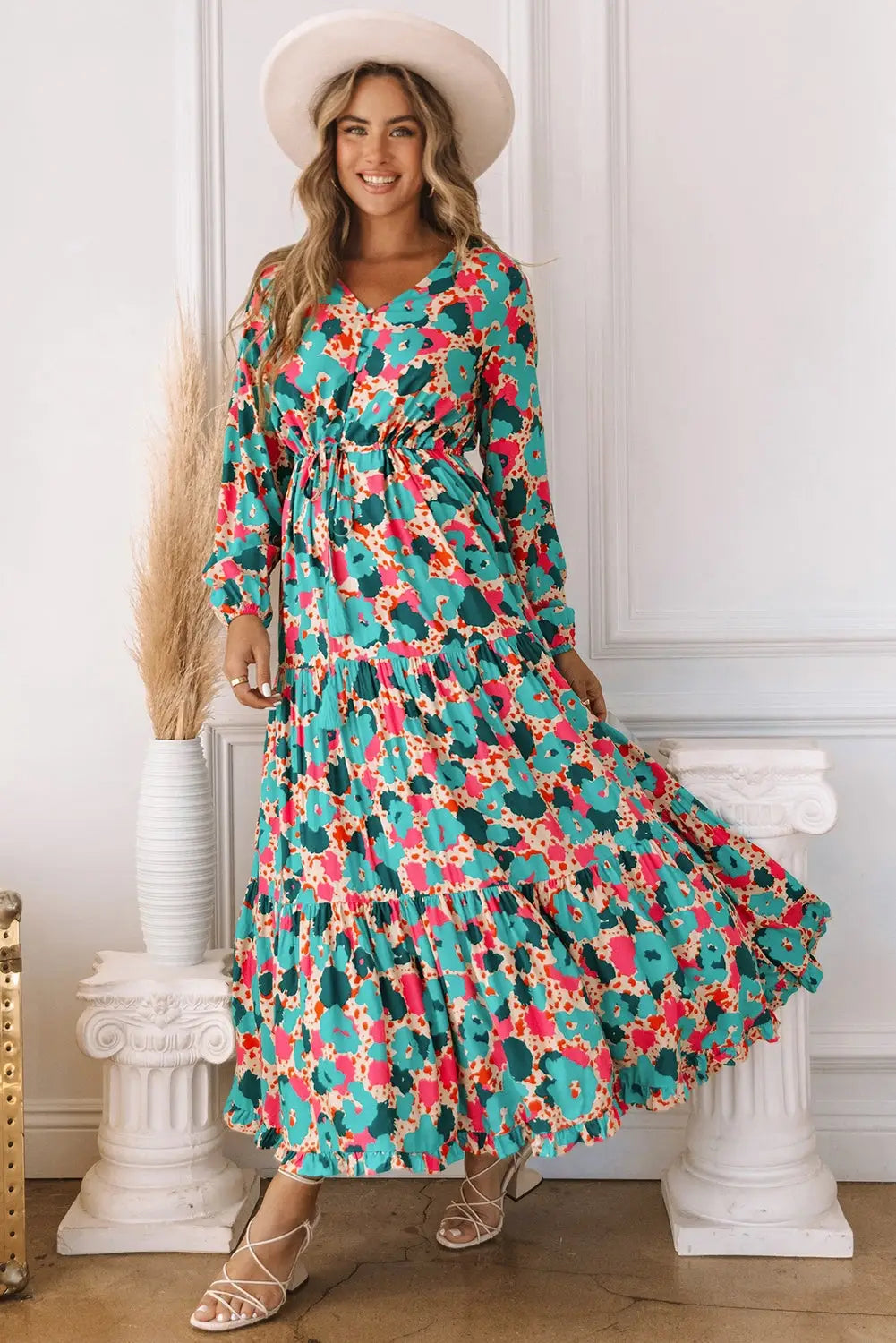 Multicolor Bohemia Print V Neck Ruffle Long Sleeve Maxi Dress-0