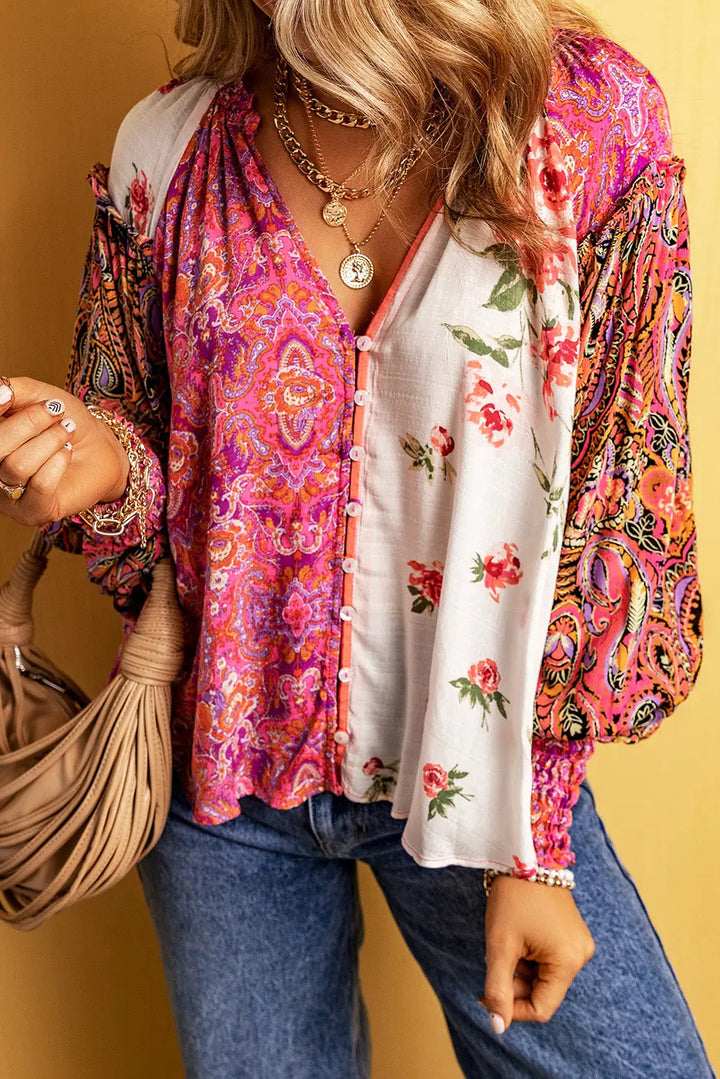 Multicolor Floral Patchwork Shirred Cuff Buttoned V Neck Blouse-0