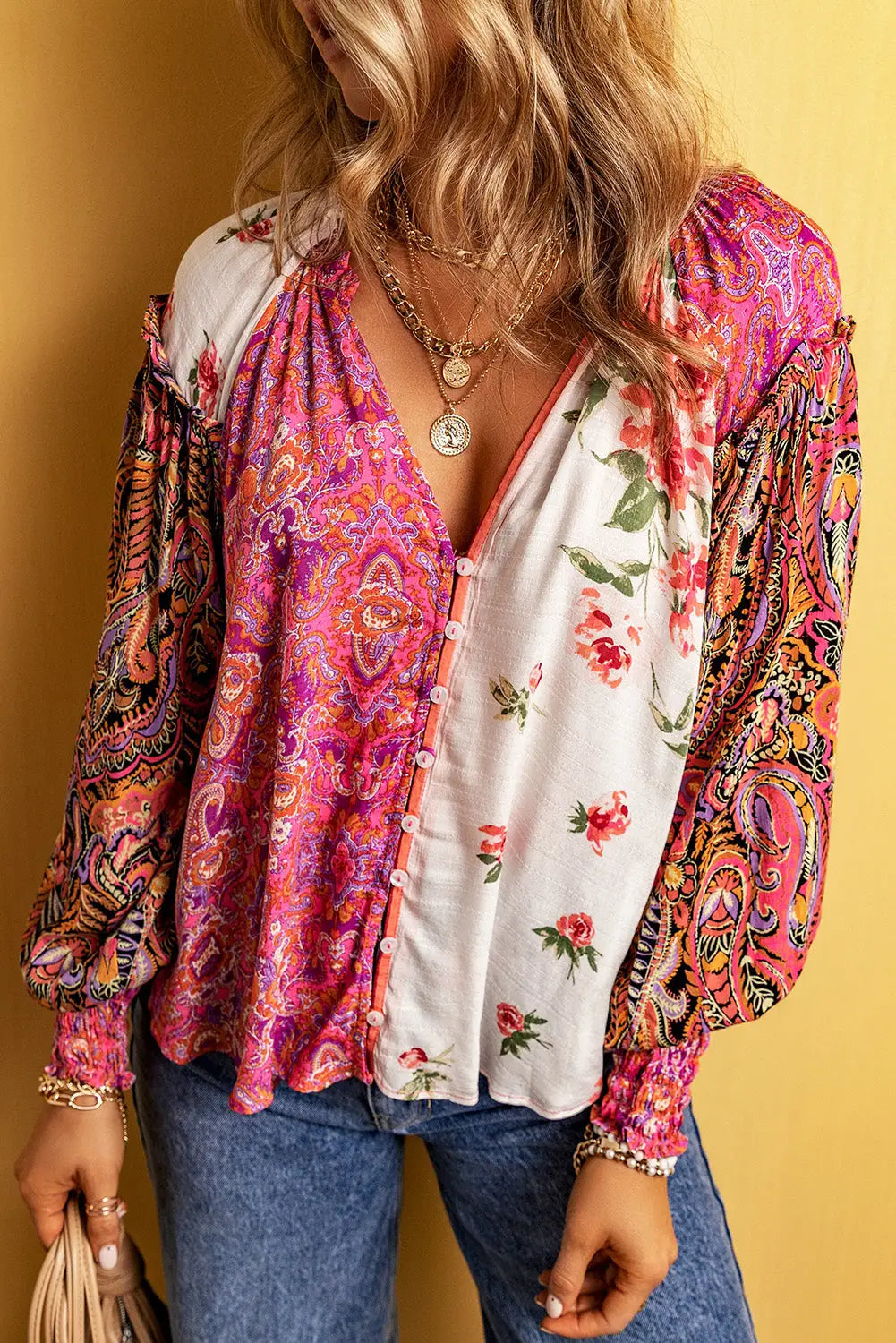 Multicolor Floral Patchwork Shirred Cuff Buttoned V Neck Blouse-3