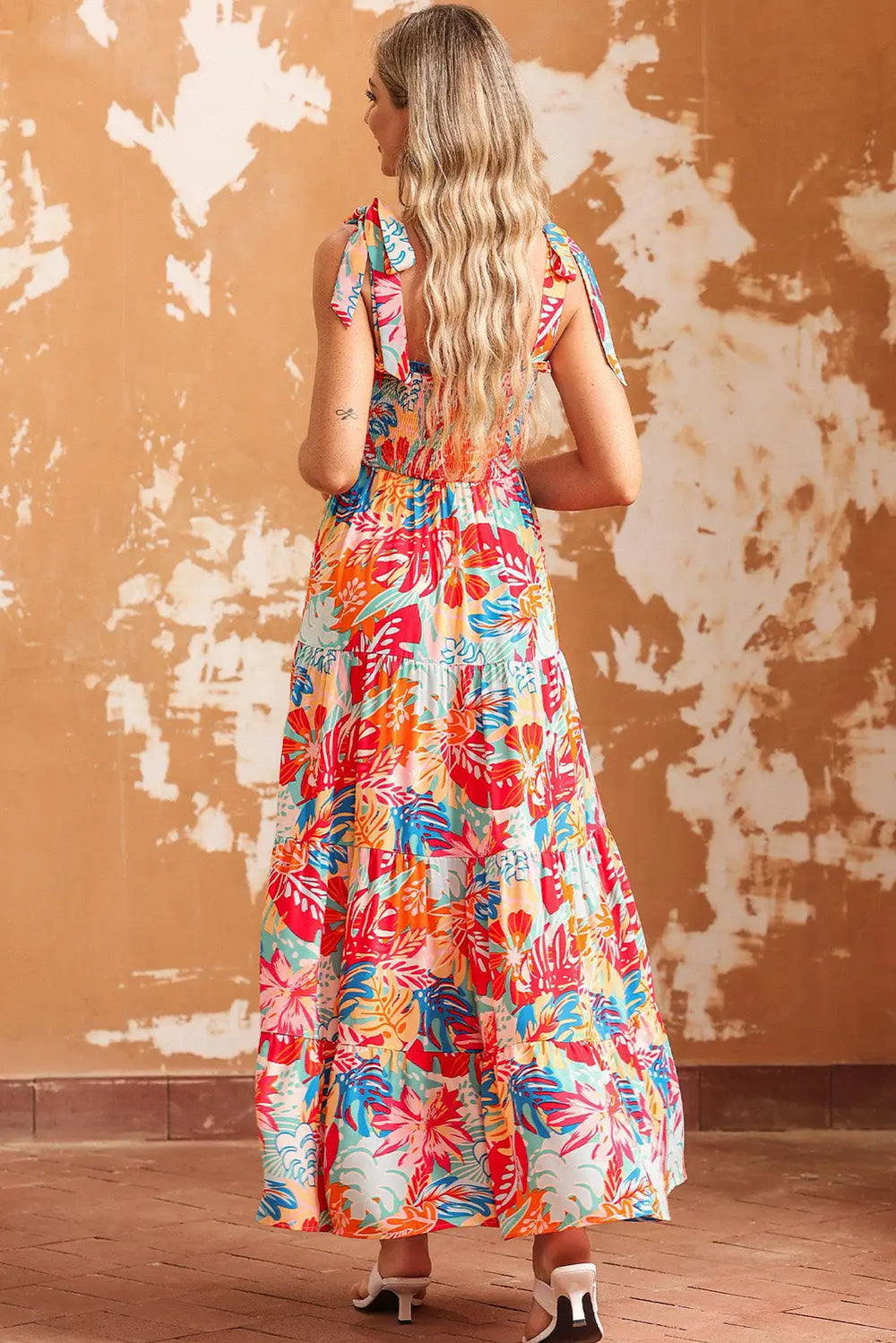 Multicolor Vibrant Tropical Print Smocked Ruffle Tiered Maxi Dress-1