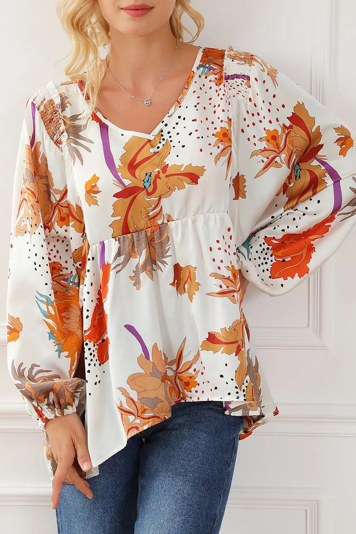 Multicolour Floral Print V Neck Babydoll Blouse-0