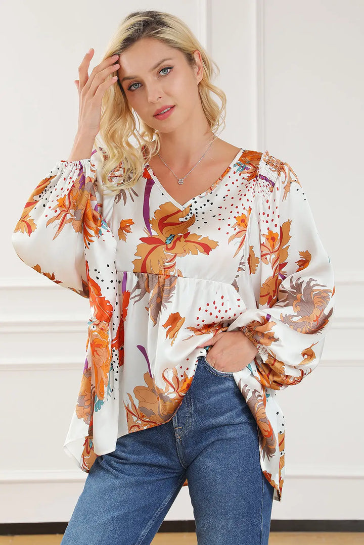 Multicolour Floral Print V Neck Babydoll Blouse-3