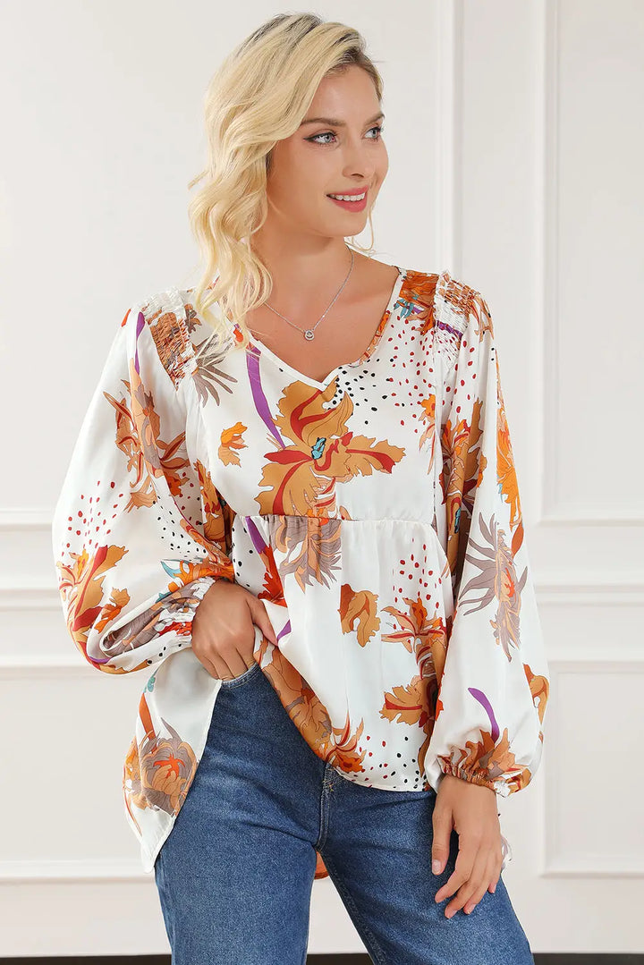 Multicolour Floral Print V Neck Babydoll Blouse-4