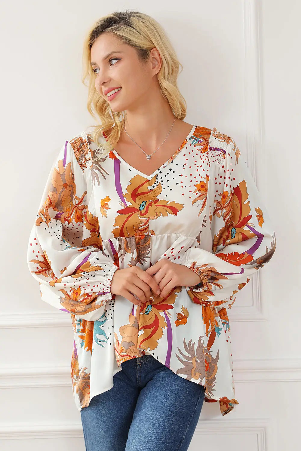 Multicolour Floral Print V Neck Babydoll Blouse-2