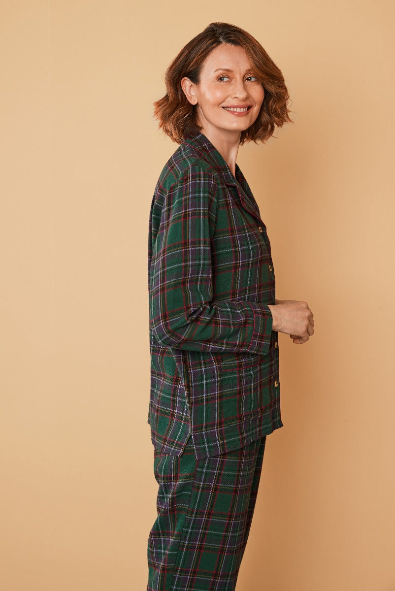 Lily Ella Collection green tartan trouser suit, woman modeling stylish plaid blazer and matching pants, classic tailored business casual outfit, chic autumn fashion