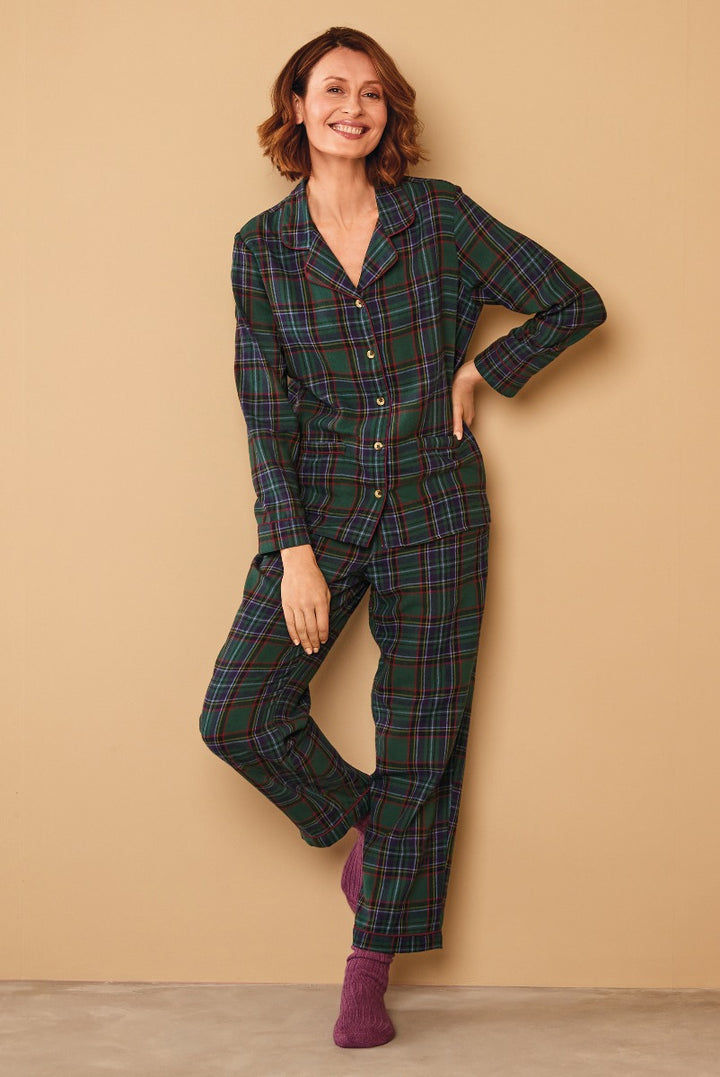 Lily Ella Collection stylish tartan plaid pajama set in green and navy, comfortable loungewear, cozy women's sleepwear outfit with purple socks.
