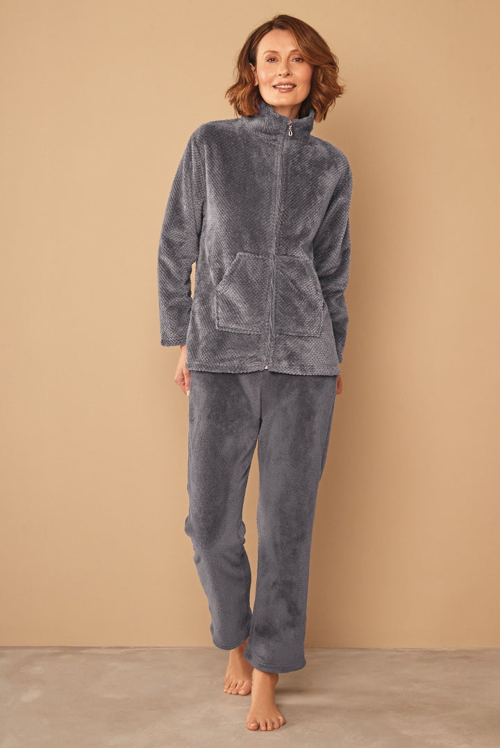 Lily Ella Collection women's cozy gray fleece loungewear set, featuring a full-zip jacket with pockets and matching comfortable pants, modeled in a lifestyle setting for a relaxed, casual look.