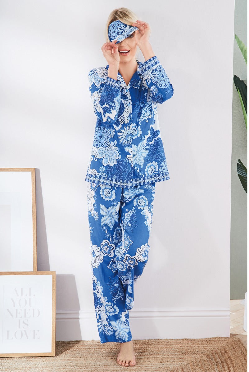 Lily Ella Collection blue and white floral pattern pajama set for women featuring comfortable sleepwear design, stylish eye mask, and cozy home fashion.