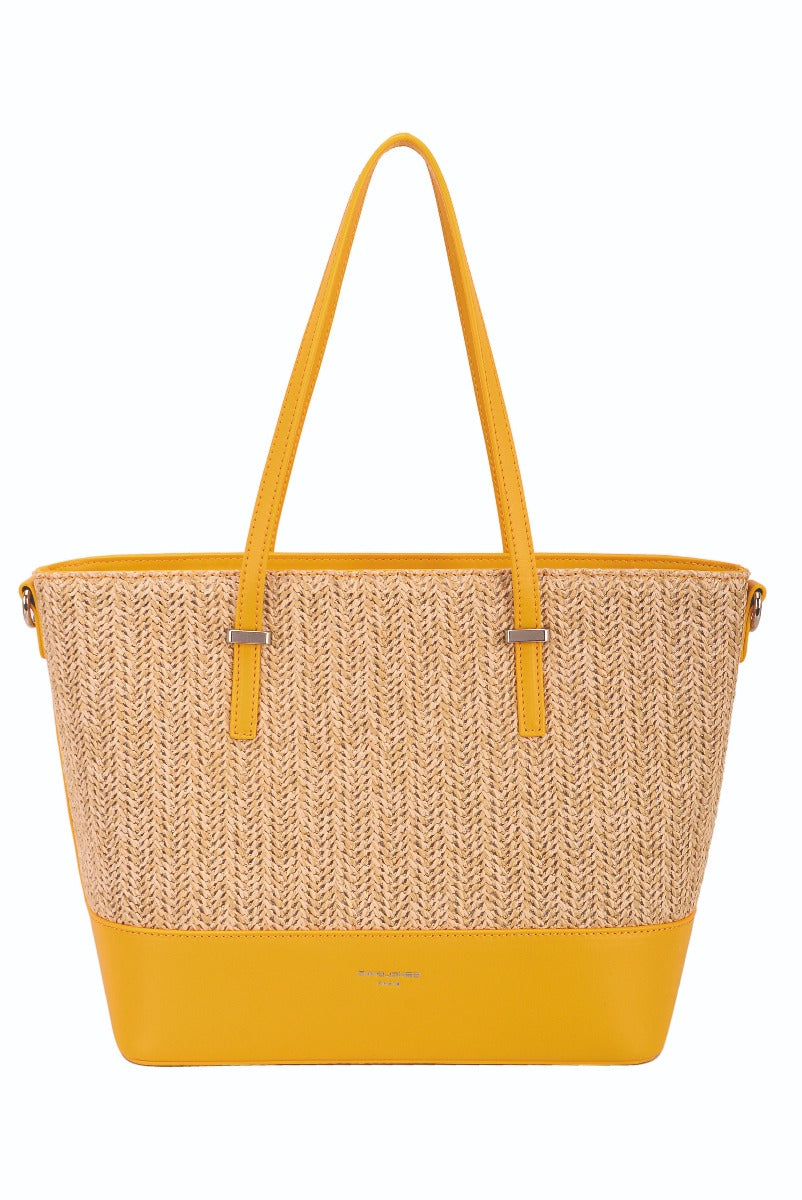 Lily Ella Collection yellow woven tote bag with leather accents fashion accessory spring summer essentials