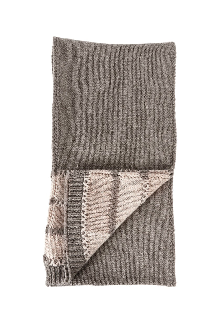 Lily Ella Collection taupe and cream knitted scarf with fringe detailing, stylish winter accessory for women