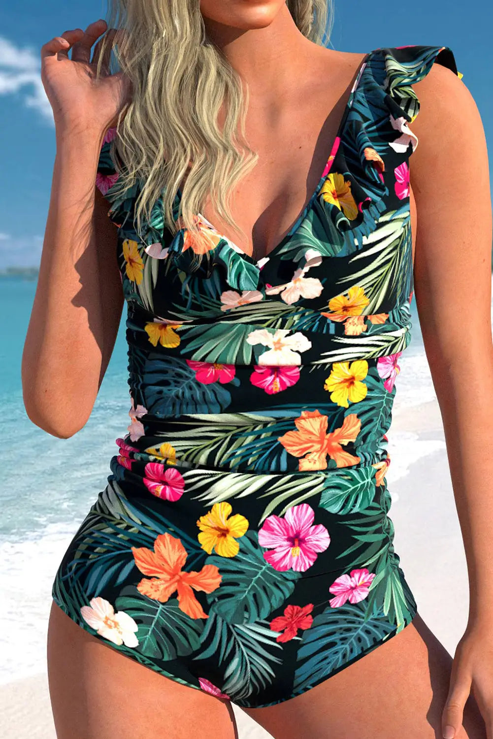 One Piece Swimsuit - Green Floral Ruffled-0
