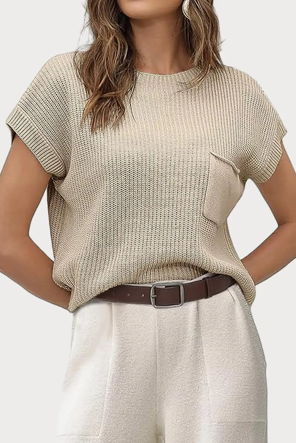 Pale Khaki Patch Pocket Short Sleeve Sweater-0