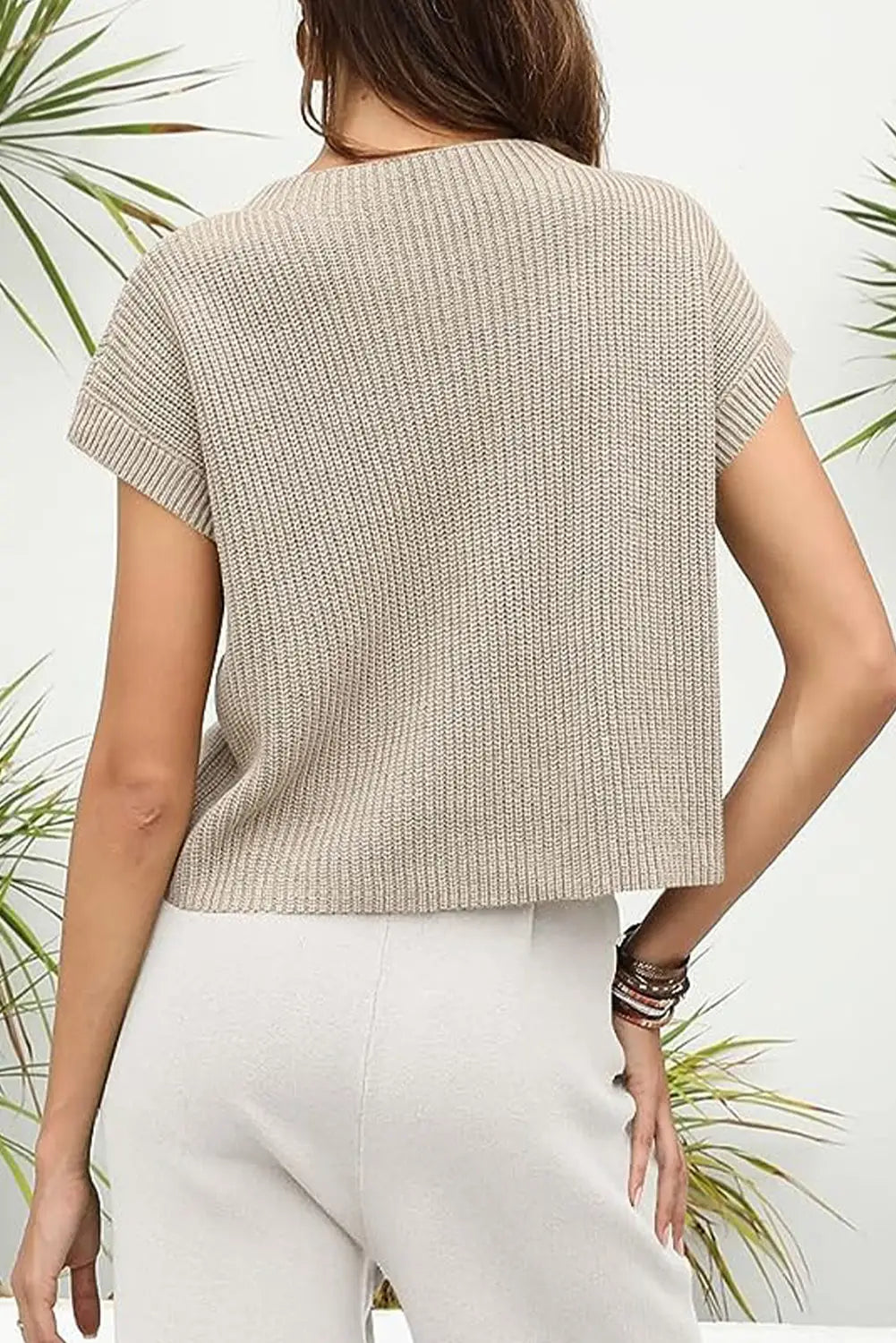 Pale Khaki Patch Pocket Short Sleeve Sweater-1