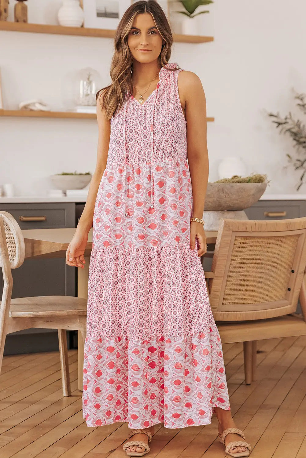 Pink Abstract Print Split Neck Sleeveless Maxi Dress-4