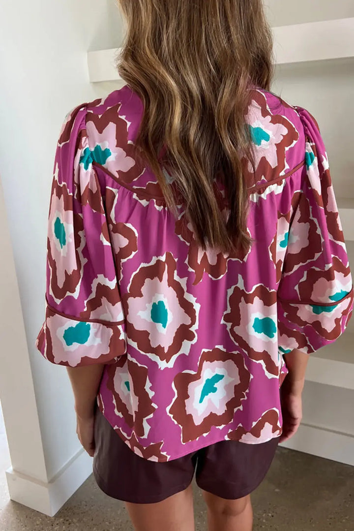 Pink Blouse - Abstract Print Half Sleeve Notch V Neck-1