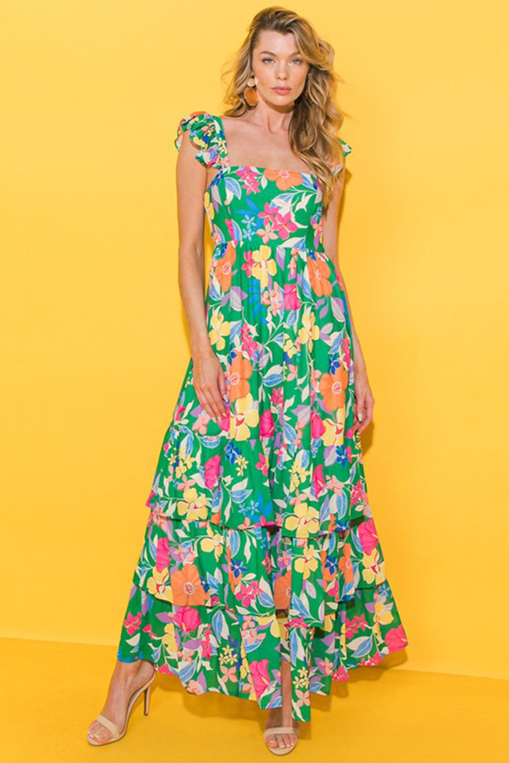 Pink Floral Ruffle Tiered Maxi Dress-10