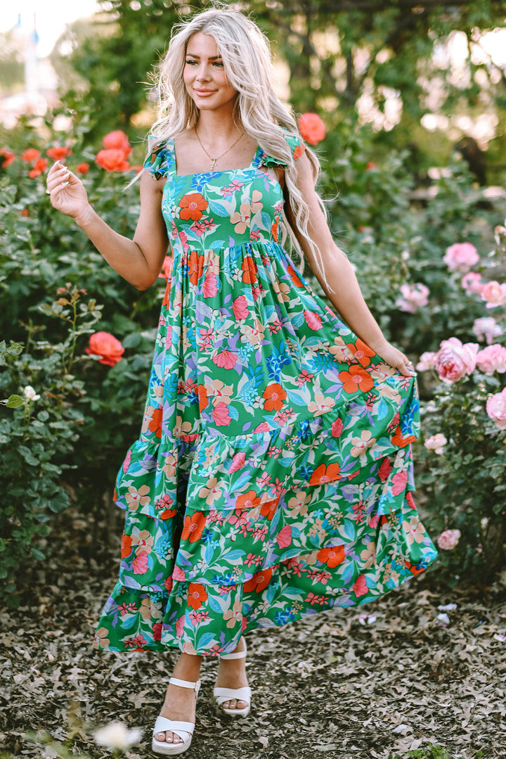 Pink Floral Ruffle Tiered Maxi Dress-13