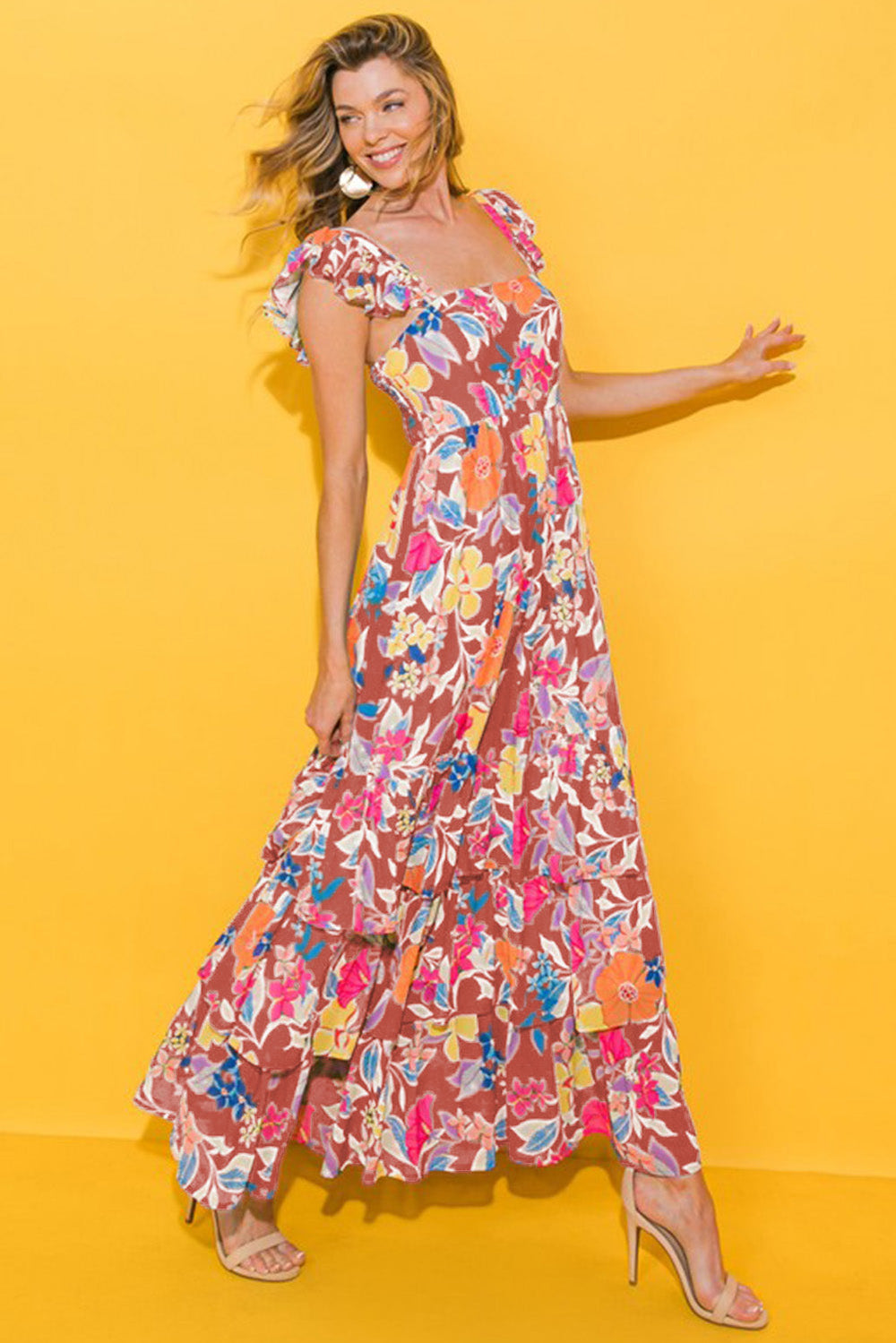 Pink Floral Ruffle Tiered Maxi Dress-0