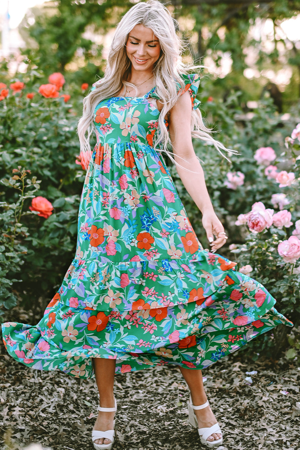 Pink Floral Ruffle Tiered Maxi Dress-17