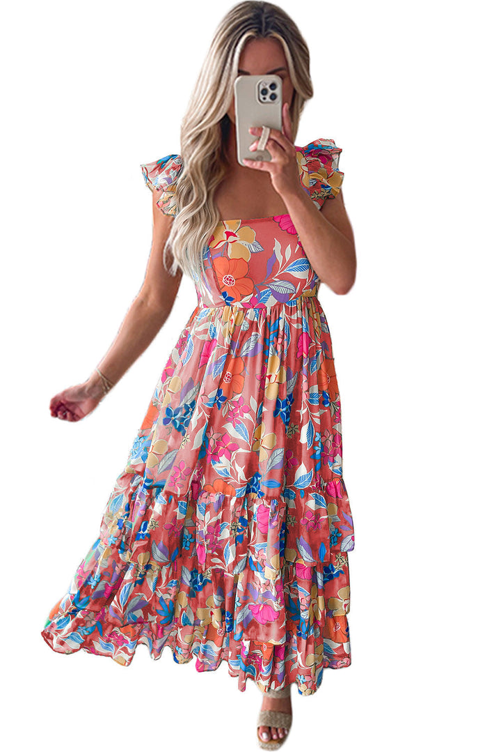 Pink Floral Ruffle Tiered Maxi Dress-4