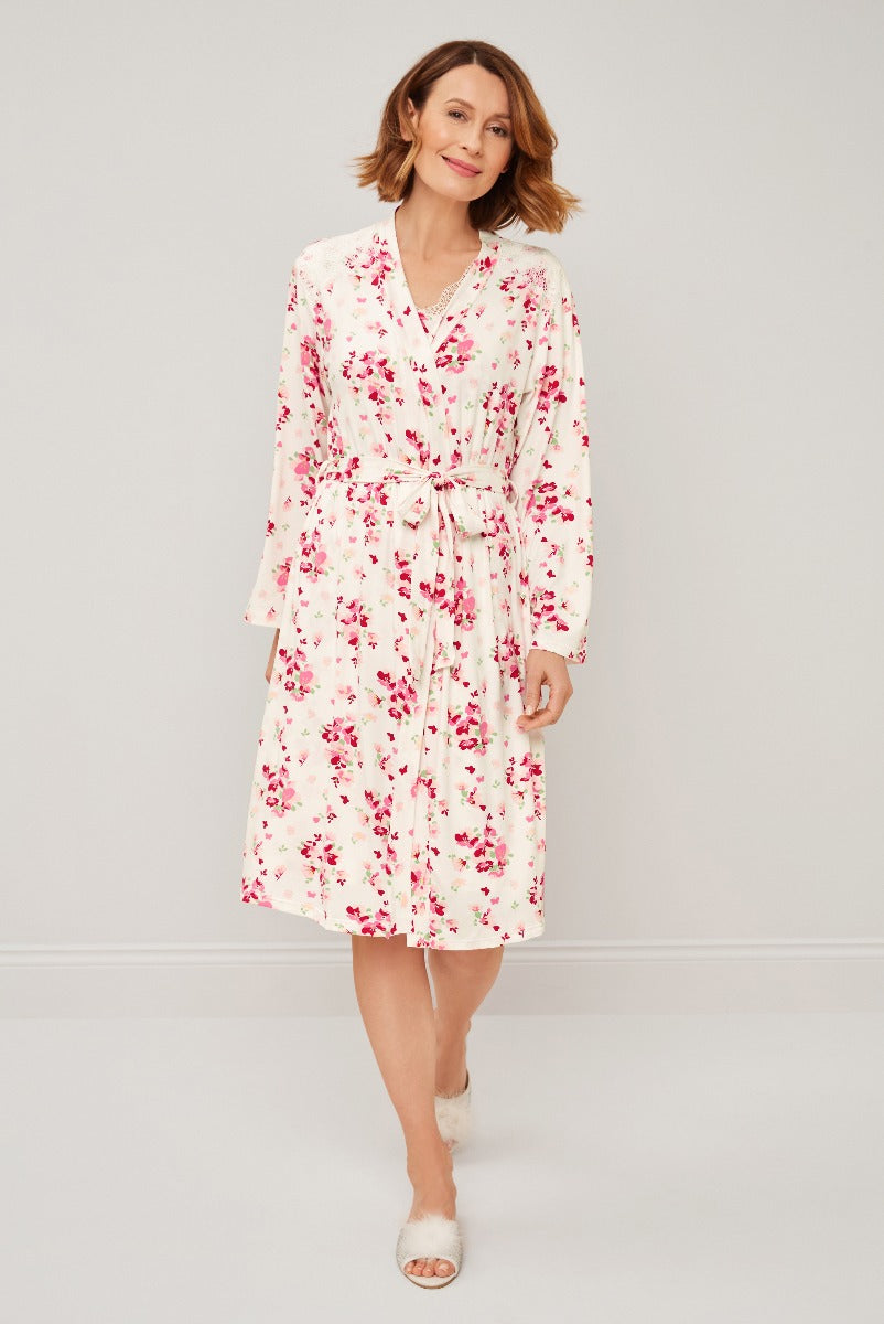 Lily Ella Collection floral print dress in pink and white, comfortable midi length with tie waist, stylish women's spring fashion