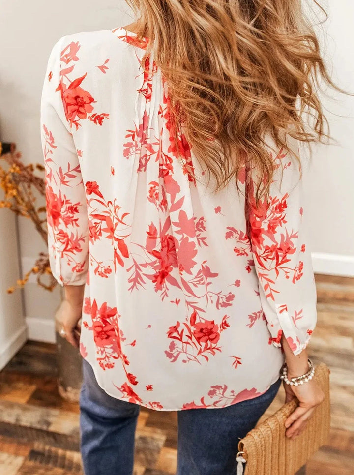 Printed Plant Print Pleated Back V Neck Shift Casual Shirt-1