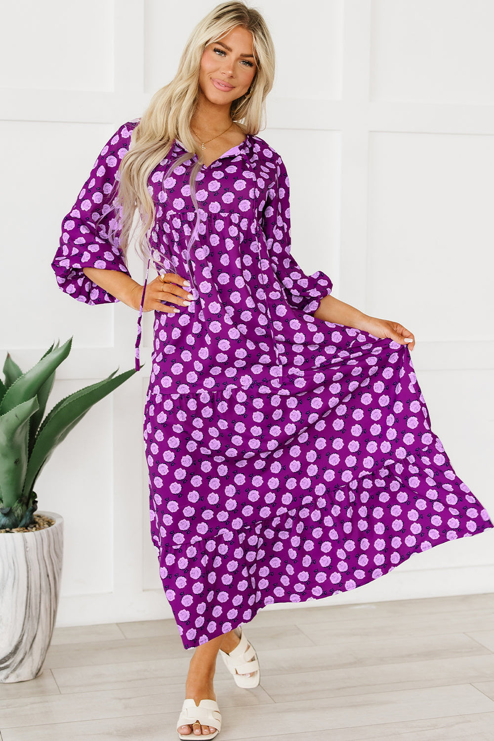 Purple Boho Printed Puff Sleeve Maxi Dress-10