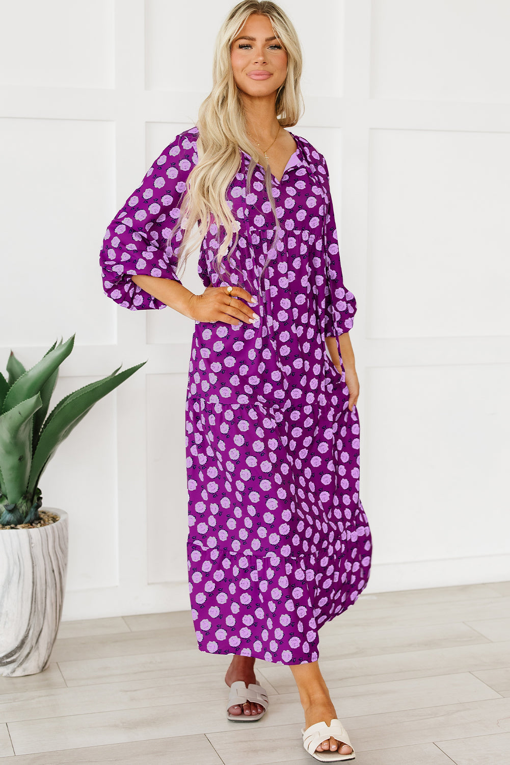 Purple Boho Printed Puff Sleeve Maxi Dress-11
