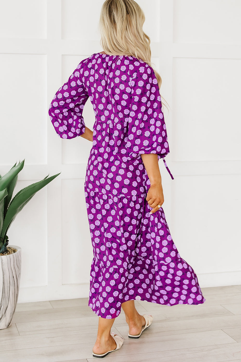 Purple Boho Printed Puff Sleeve Maxi Dress-9