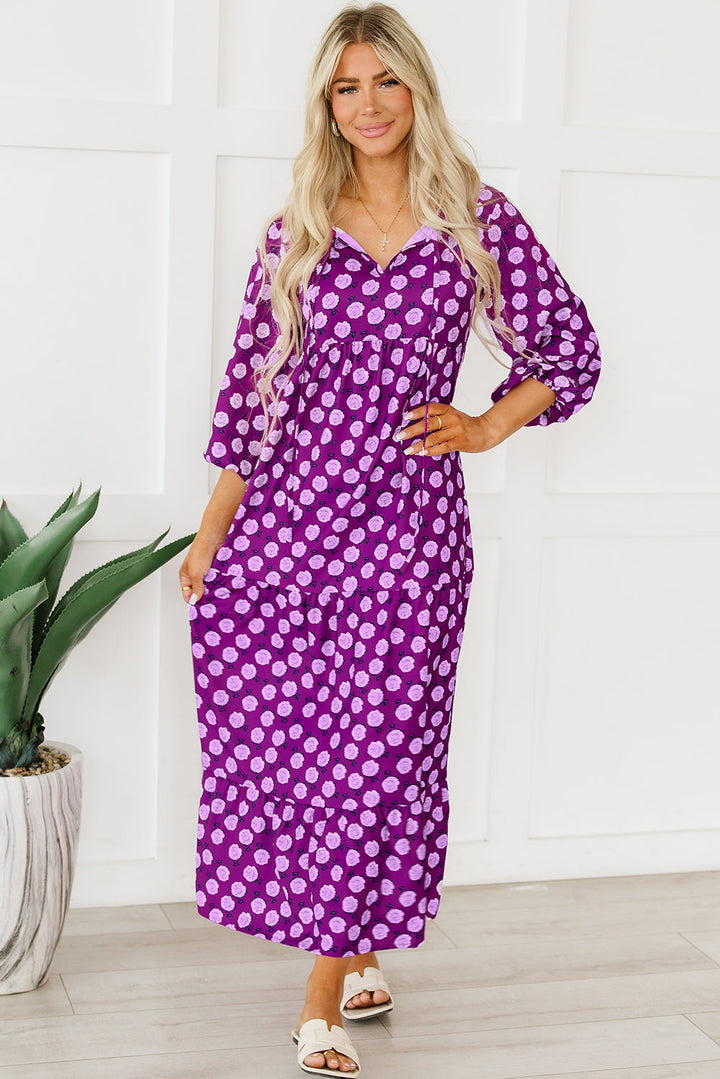 Purple Boho Printed Puff Sleeve Maxi Dress-8