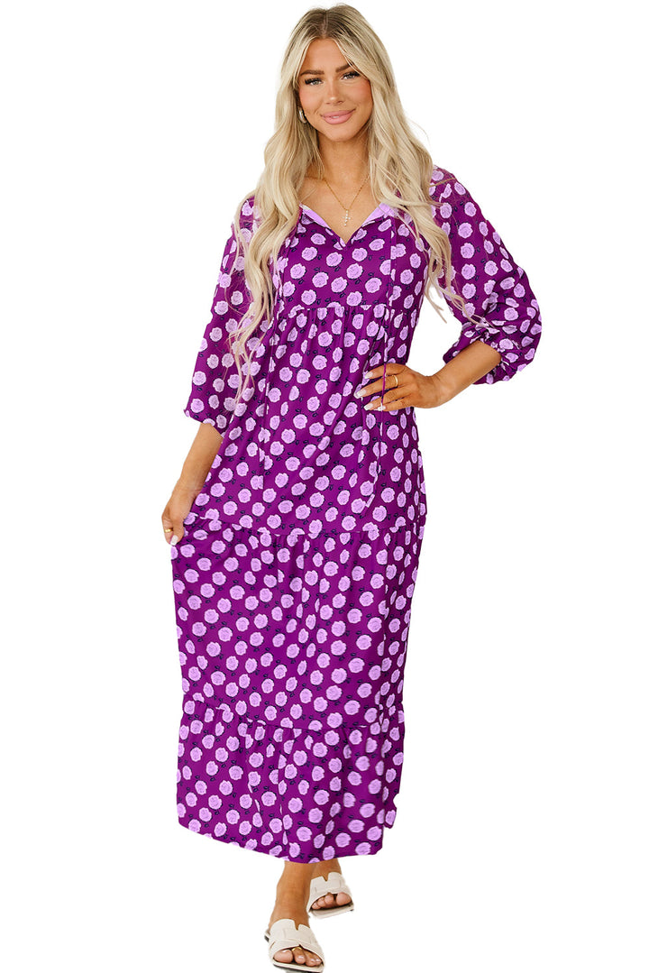 Purple Boho Printed Puff Sleeve Maxi Dress-13
