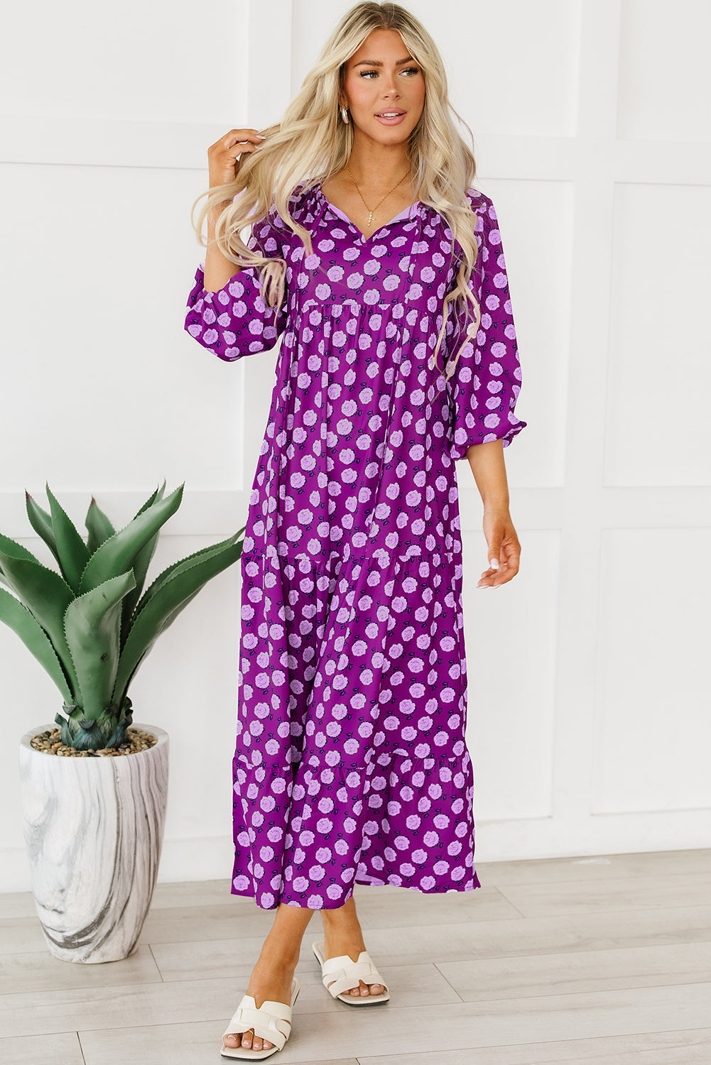 Purple Boho Printed Puff Sleeve Maxi Dress-12