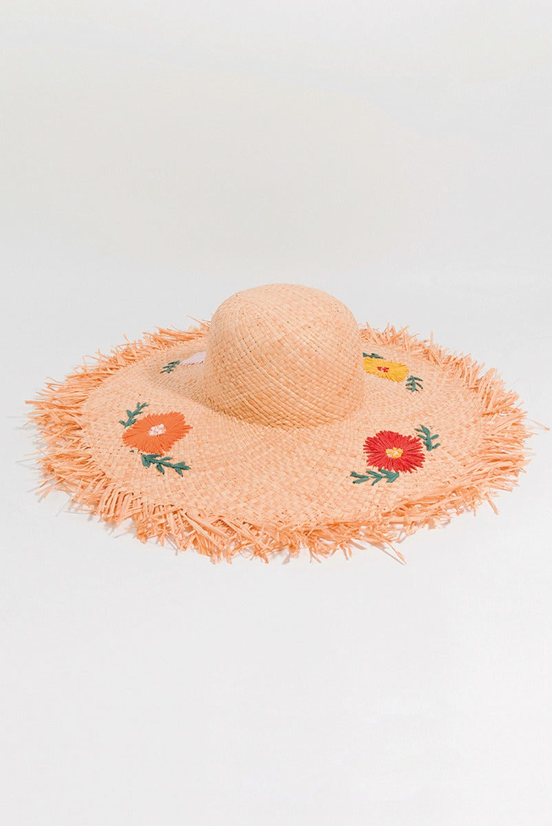 Lily Ella Collection peach sun hat with floral embroidery and fringe detail for summer fashion accessories.