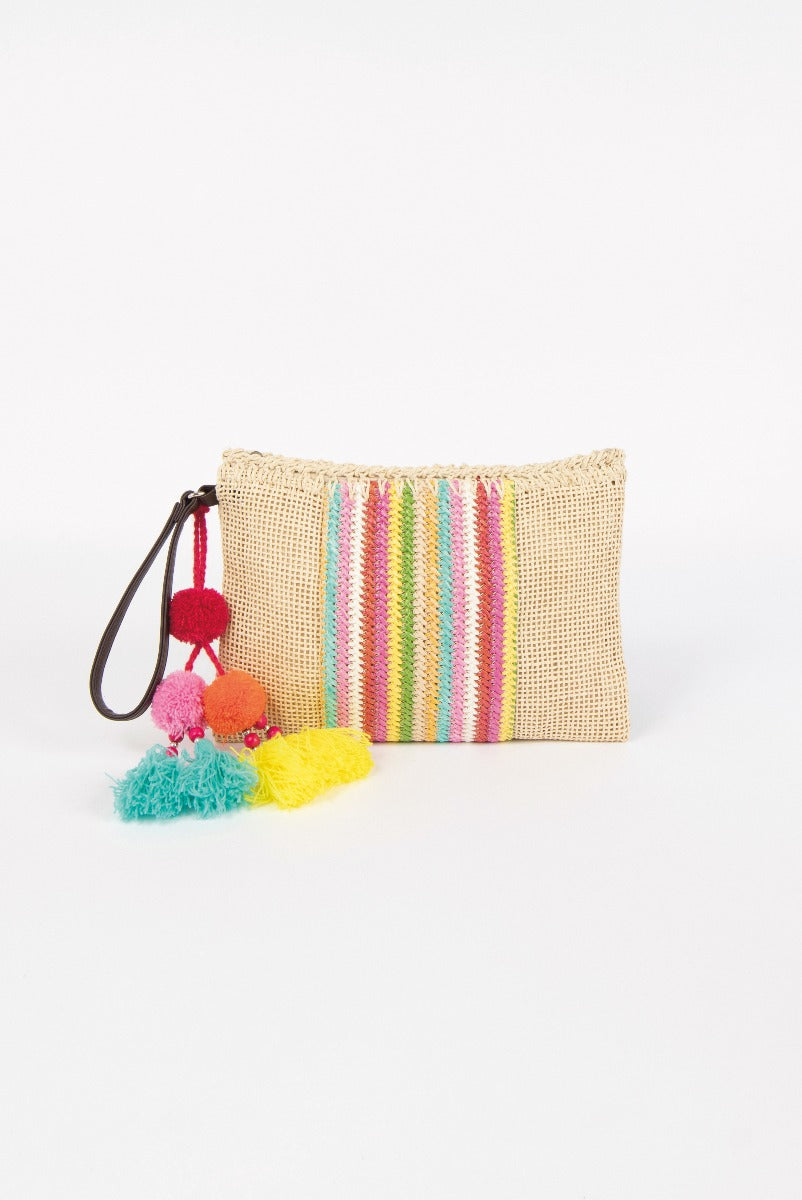 Lily Ella Collection burlap clutch with colorful stripes and multicolored pom-pom charm, stylish summer accessory for women