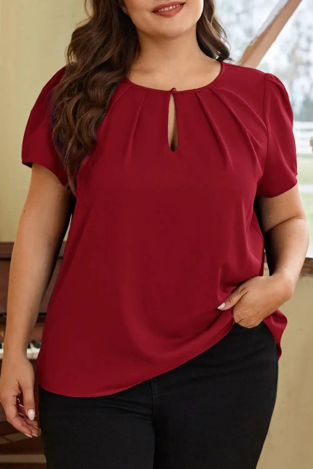 Red Dahlia Keyhole Pleated Crew Neck Plus Size T Shirt-0