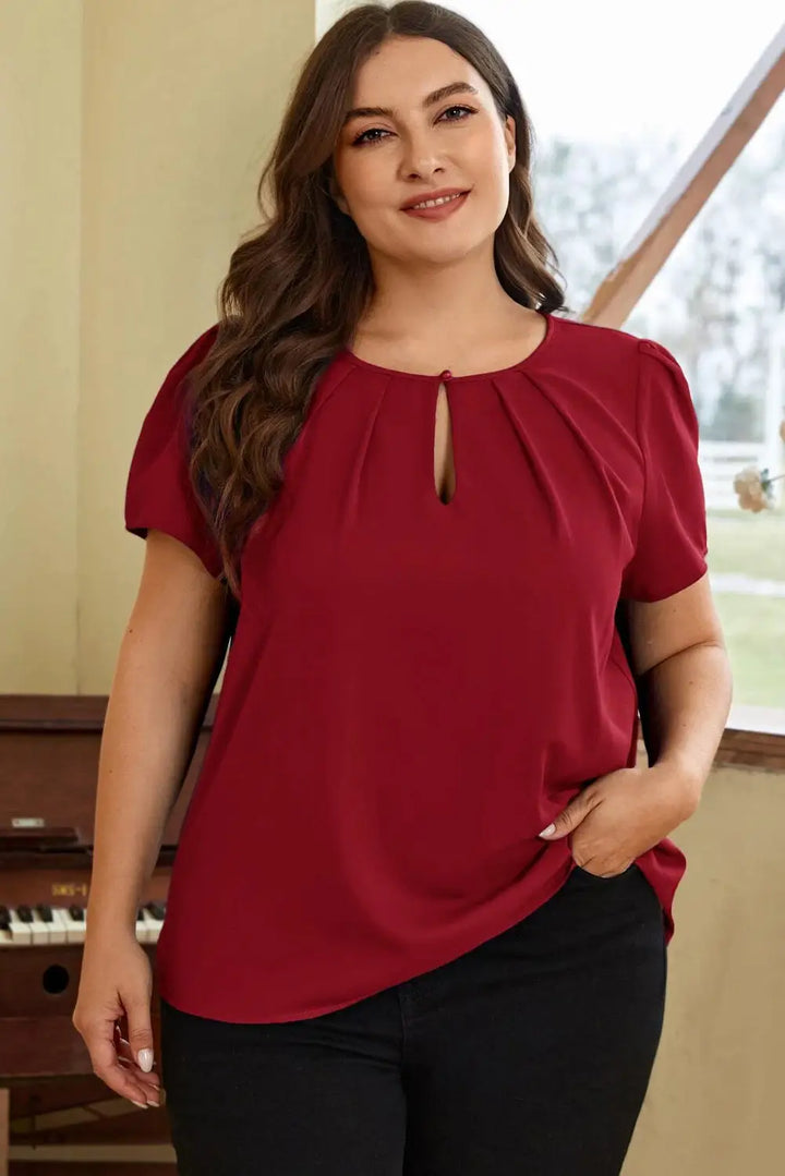 Red Dahlia Keyhole Pleated Crew Neck Plus Size T Shirt-4