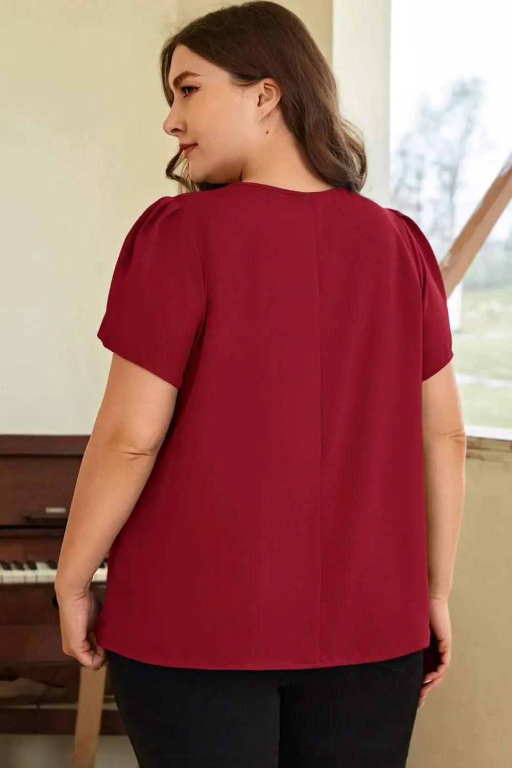 Red Dahlia Keyhole Pleated Crew Neck Plus Size T Shirt-1