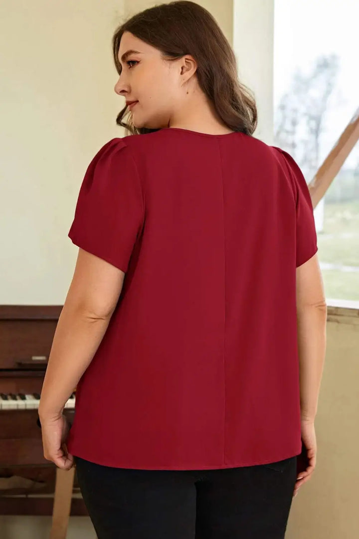 Red Dahlia Keyhole Pleated Crew Neck Plus Size T Shirt-1