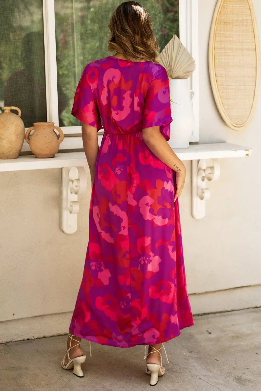 Rose Abstract Floral Print V Neck Dolman Maxi Dress-1