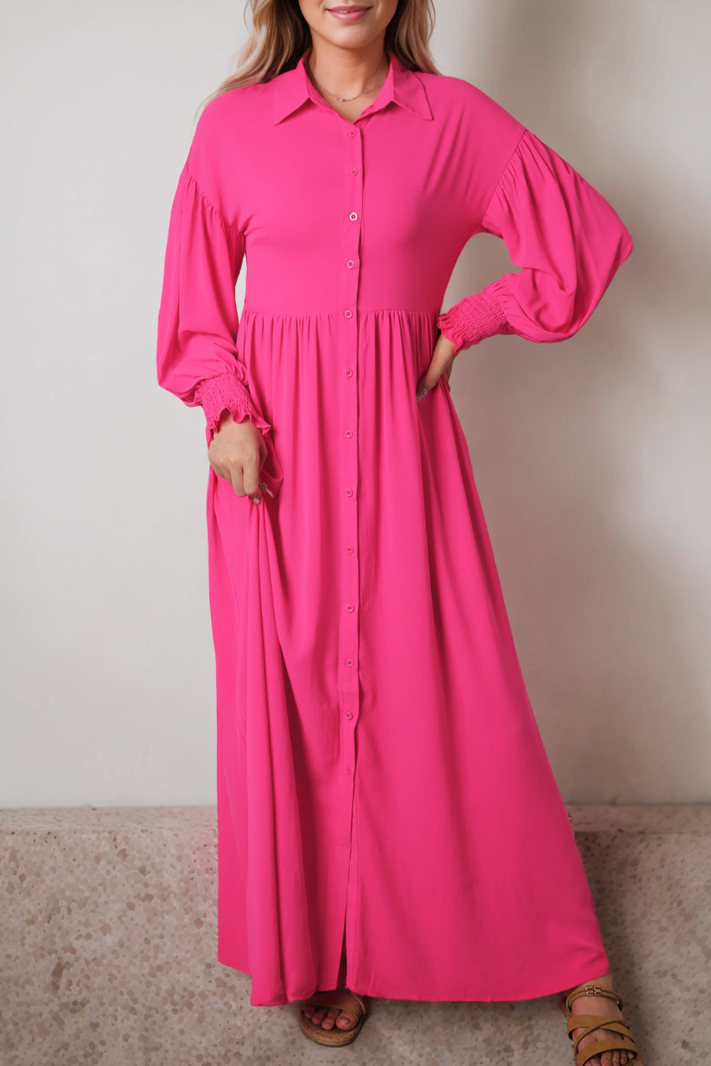 Rose Bubble Sleeve Shirt Maxi Dress-4