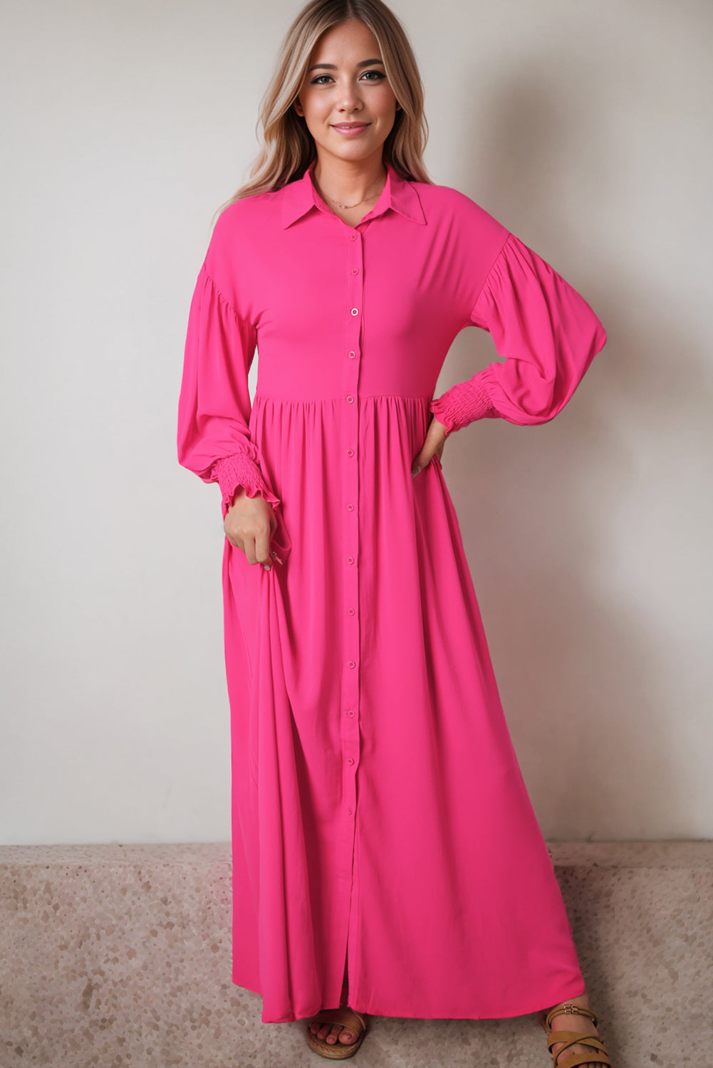 Rose Bubble Sleeve Shirt Maxi Dress-3