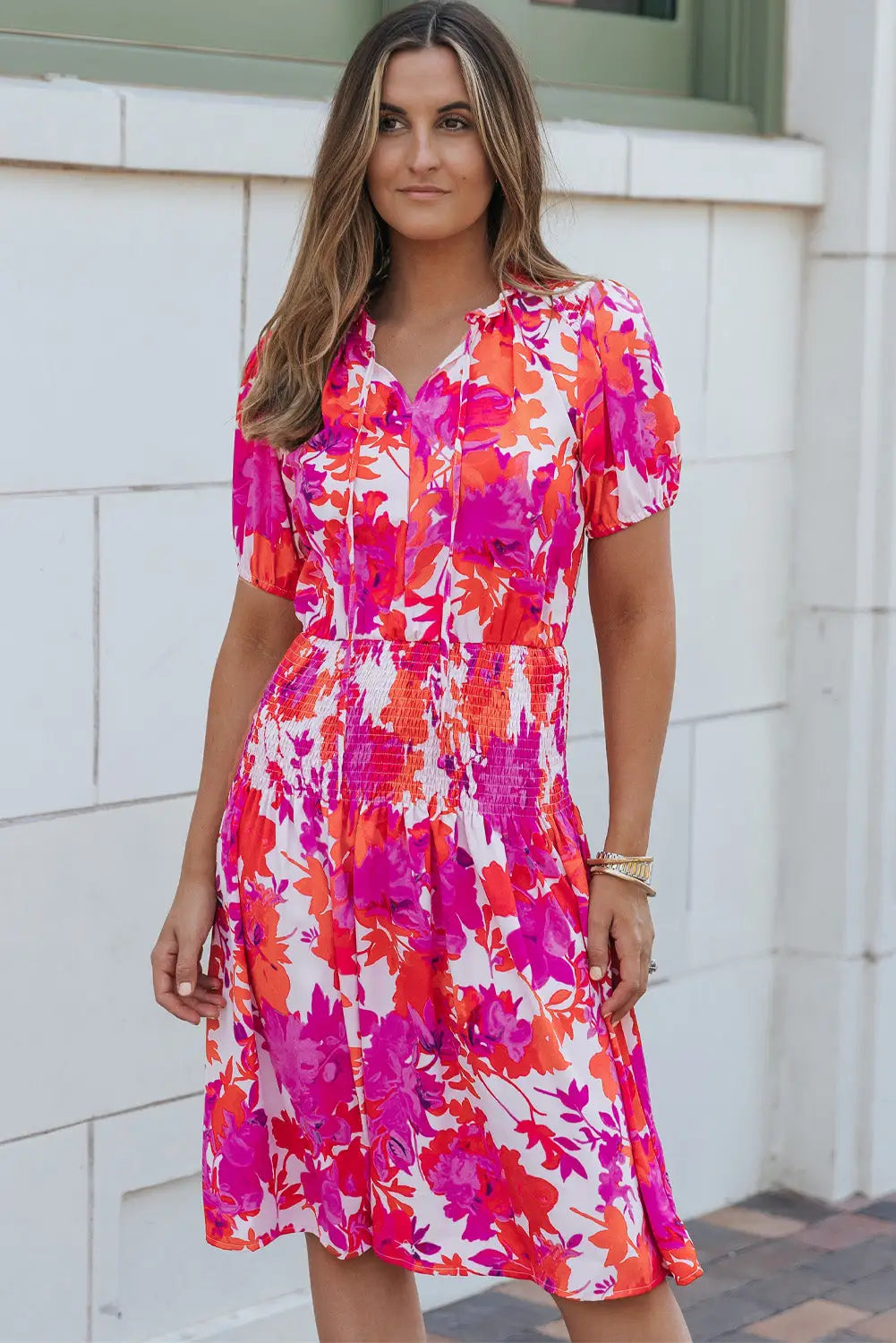 Rose Floral Smocked Waist Bubble Sleeve Flare Dress-0