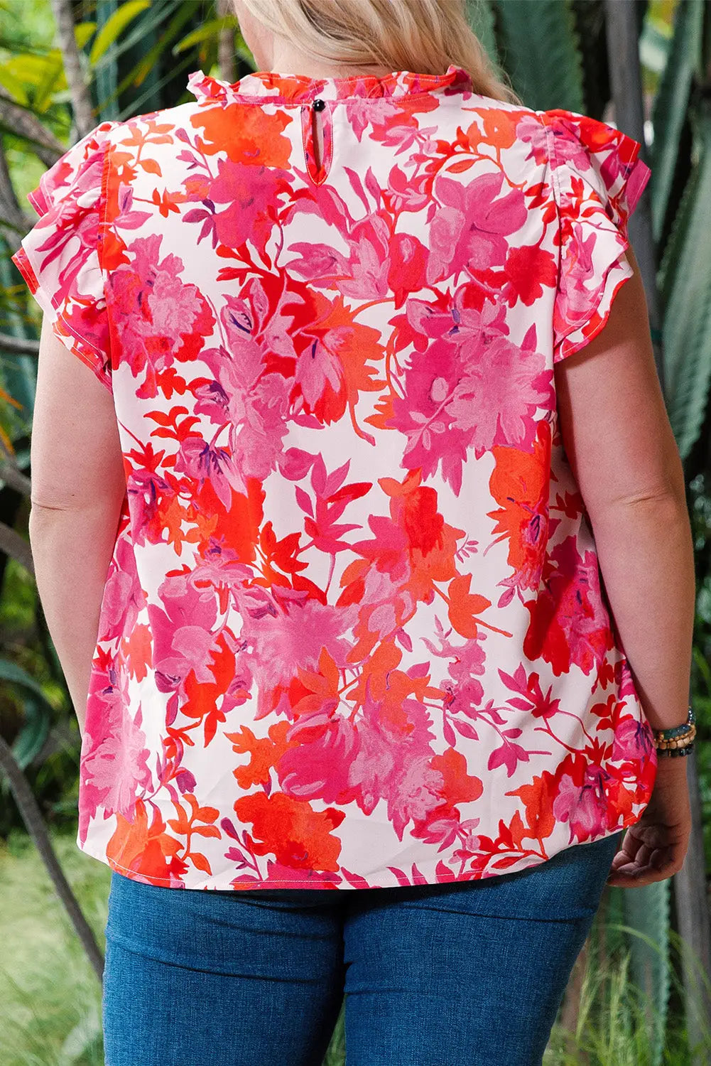 Rose Ruffle Tiered Sleeve Frill Neck Floral Plus Size Blouse-3