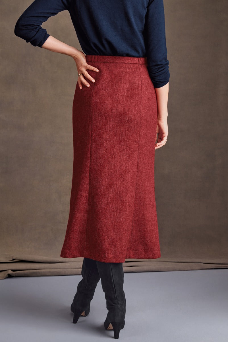 Lily Ella Collection A-line maroon skirt, elegant midi-length wool blend skirt for women, paired with navy top and black boots, stylish autumn fashion, comfortable fit.