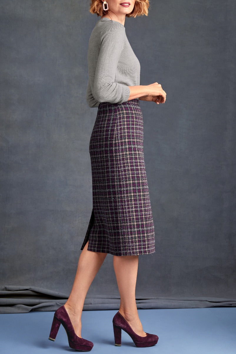 Lily Ella Collection elegant grey sweater paired with purple plaid pencil skirt and coordinating purple high heels for a sophisticated women's autumn outfit.