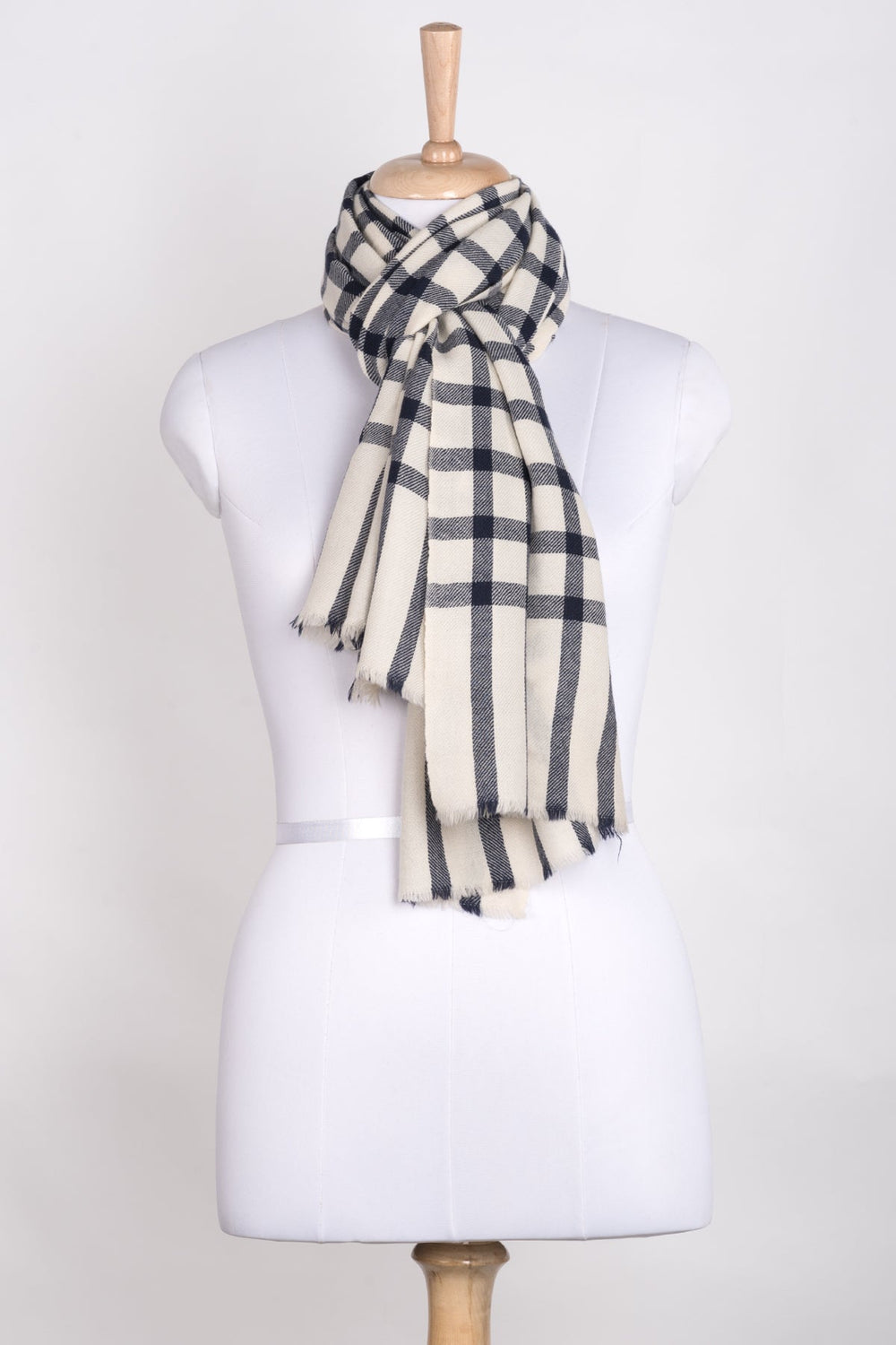 Windowpane Checks Merino Wool Scarf - Off-white Navy-1